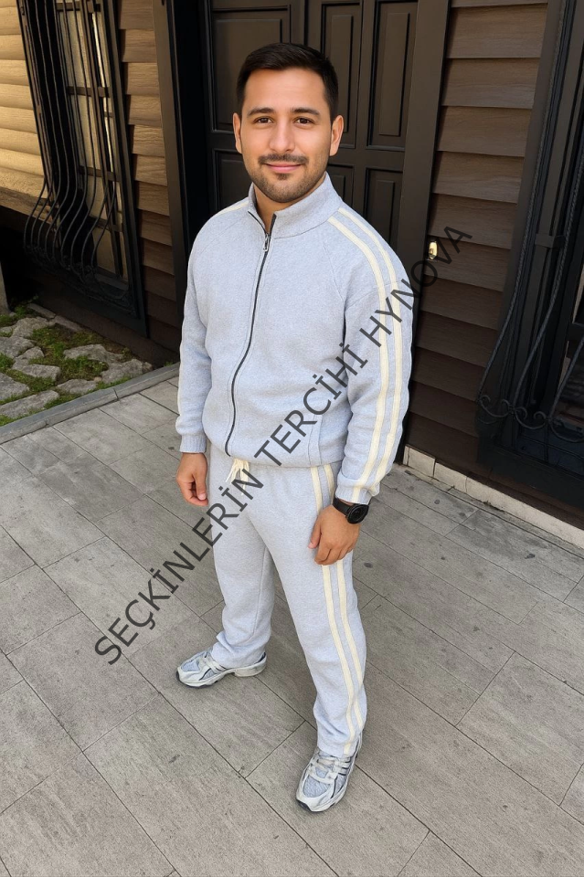 Erkek Çift Şeritli Eşofman Takım Dik Yaka Fermuarlı Sweatshirt Boru Paça Alt, Oversize 3 Iplik Pamuklu - Gri