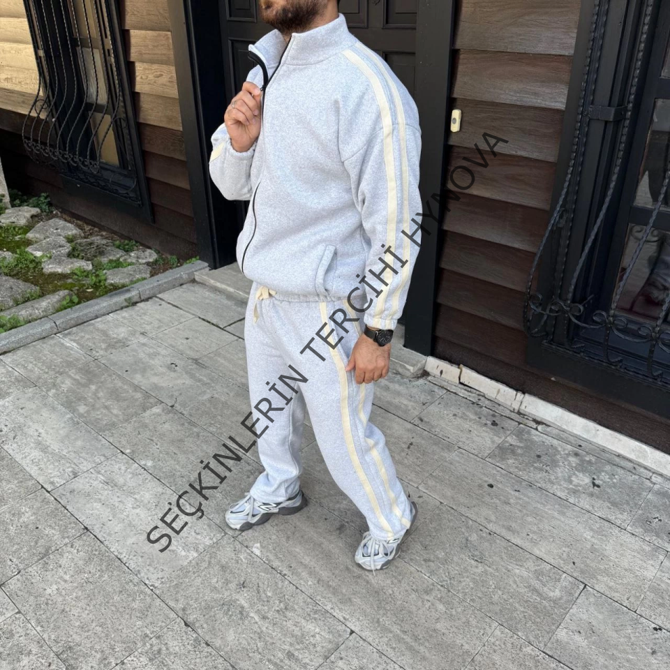 Erkek Çift Şeritli Eşofman Takım Dik Yaka Fermuarlı Sweatshirt Boru Paça Alt, Oversize 3 Iplik Pamuklu - Gri