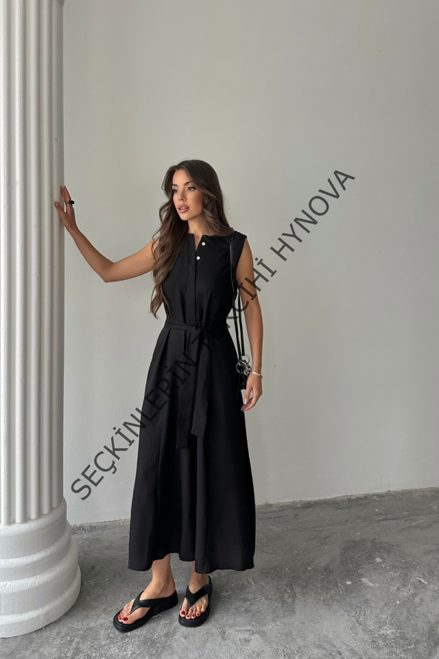 KETEN ELBİSE KOLSUZ BEL BAĞLAMALI MAXİ ELBİSE - Siyah