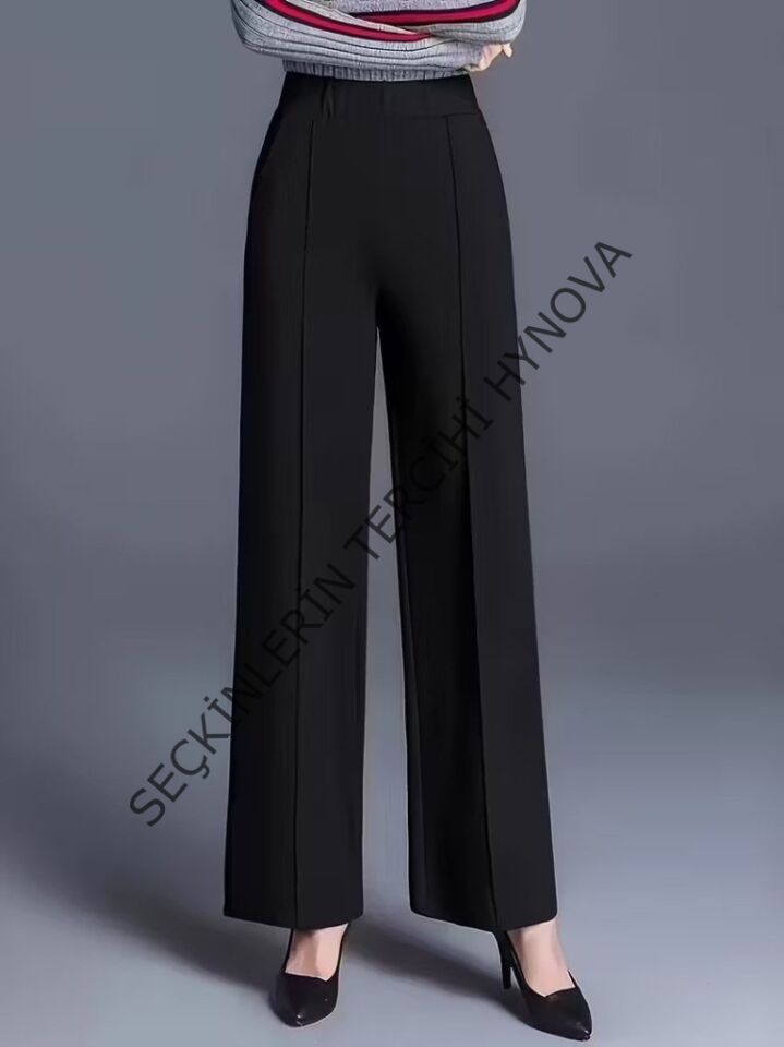 Kadın Yüksek Bel önü Nervürlü Paçaya Doğru Geniş Ithal Krep Pantolon
