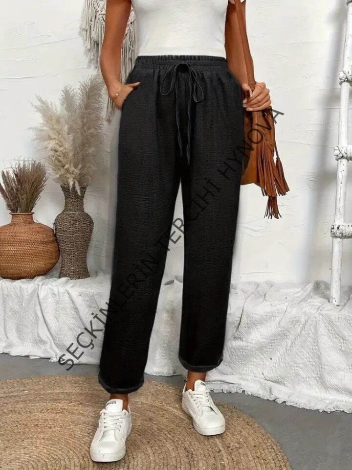 Kadın Yüksek Bel Lastikli Belde Bağcık Detaylı Aerobin Pantolon