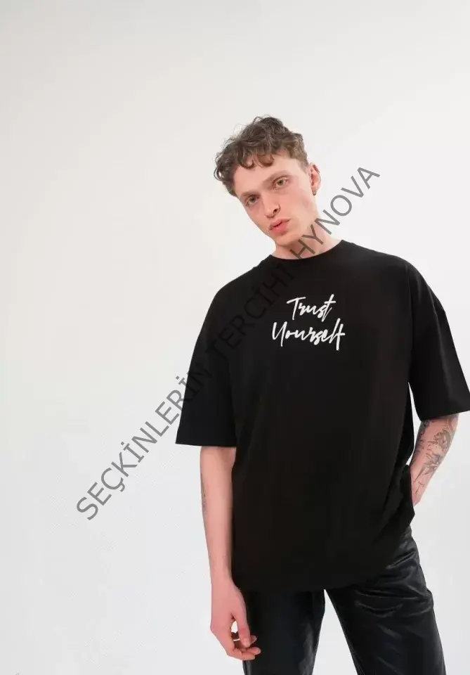 Unisex Bisiklet Yaka Baskılı Oversize T-Shirt - Siyah