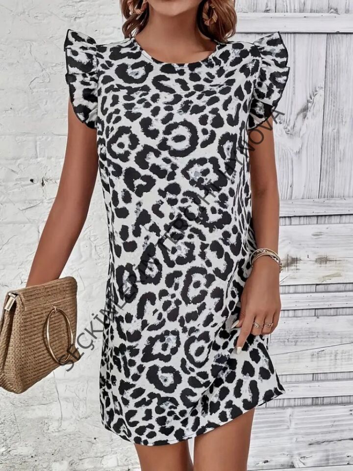 Kadın Kısa Kollu Kolları Fırfır Detay Arkası Bağlamalı Leopar Desen Kolsuz Mini Mikro Elbise