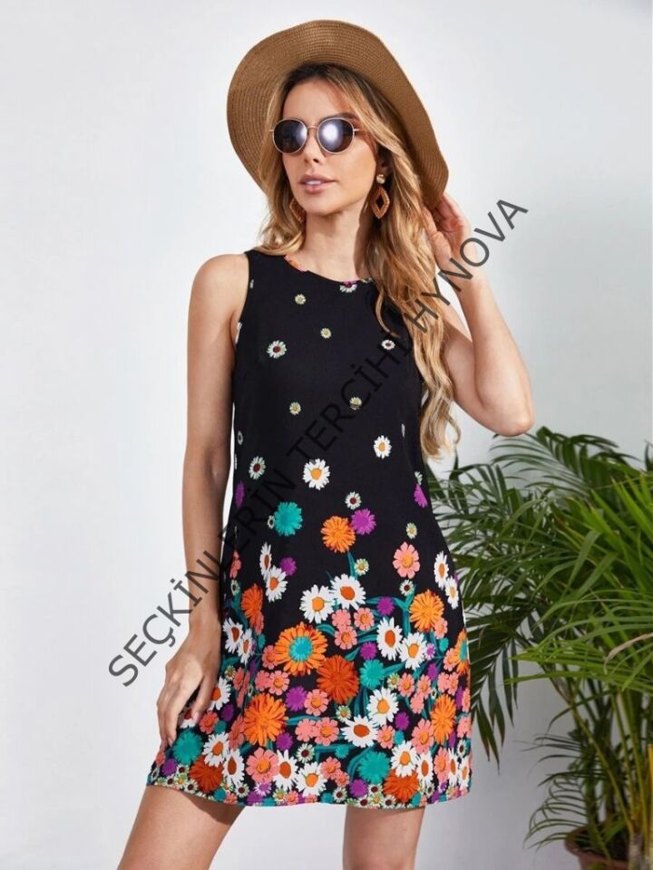 Kadın Sıfır Kollu Bisiklet Yaka çiçek Desenli Süprem Mini Elbise