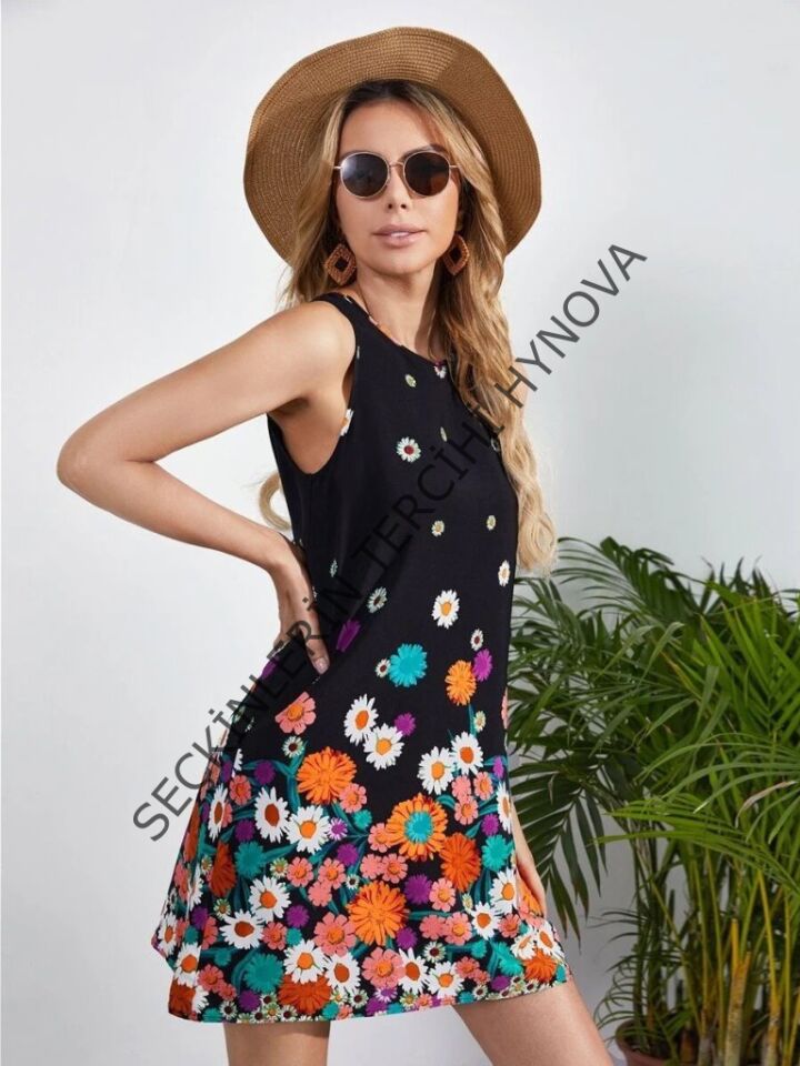 Kadın Sıfır Kollu Bisiklet Yaka çiçek Desenli Süprem Mini Elbise