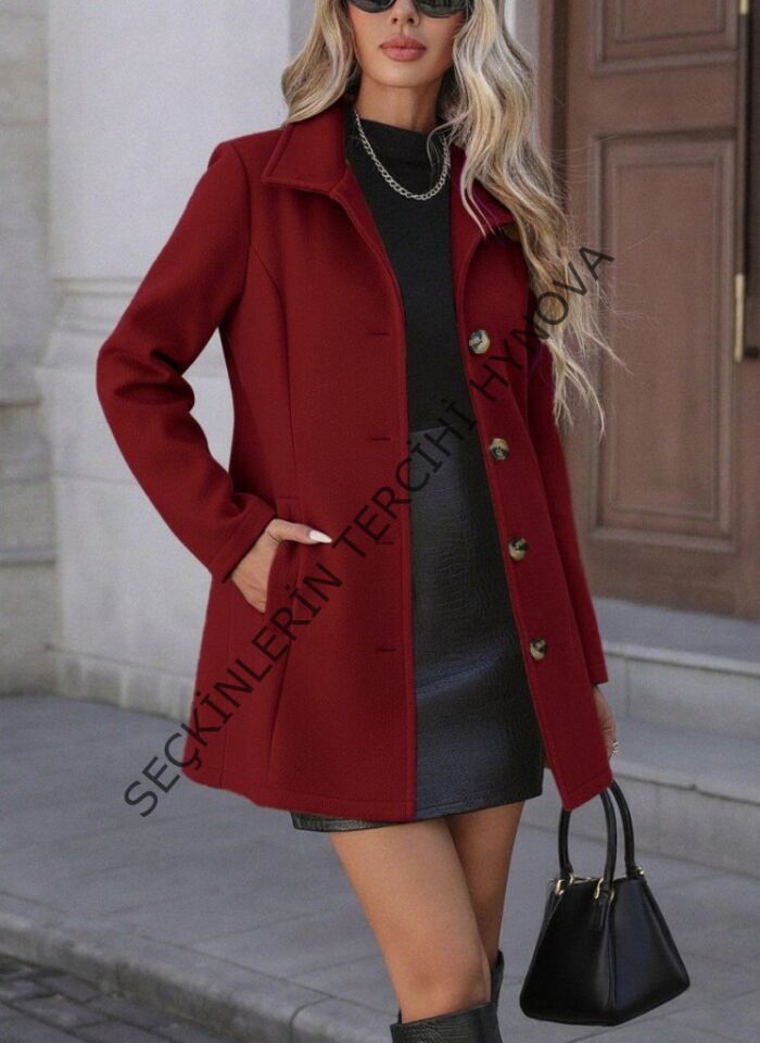 Kadın Uzun Kollu Yakalı önden Düğmeli Astarsız Ithal Kaşe Kaban