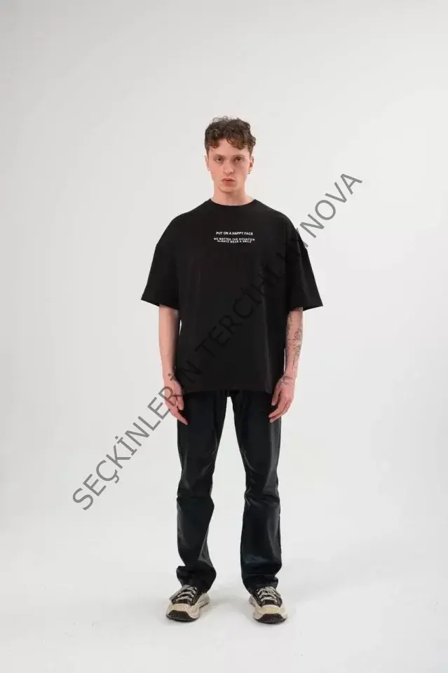 Unisex Bisiklet Yaka Baskılı Oversize T-Shirt - Siyah