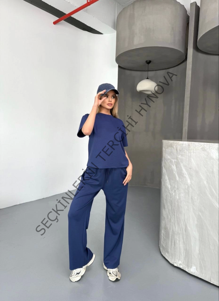 Osy Modal Yumuşak Dokulu Kumaş Kısa Kollu Bluz Rahat Pantalon Ikili Takım- Lacivert