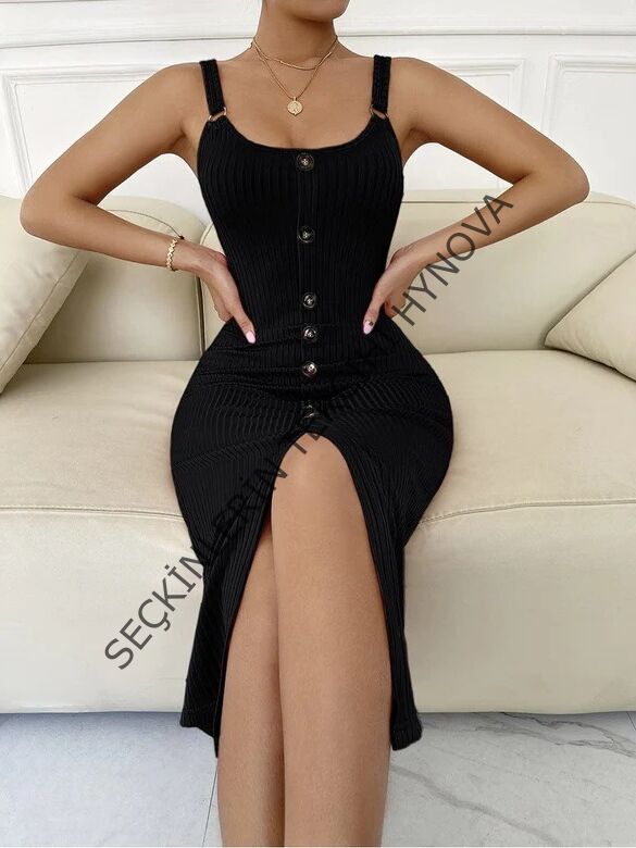 Kadın Sıfır Kol Askı Halka Detay önü Düğmeli Midi Boy Yırtmaçlı Fitilli Kaşkorse Elbise