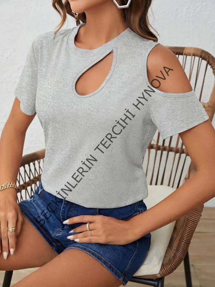 Kadın Kısa Kollu Tek Omuzu Açık Damla Detaylı Viskon Bluz