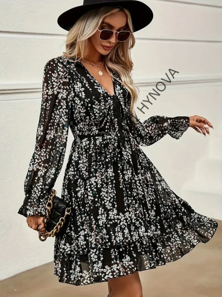 Kadın Uzun Kollu V Yakalı Fırfırlı Ve Bağcıklı şifon Mini Elbise