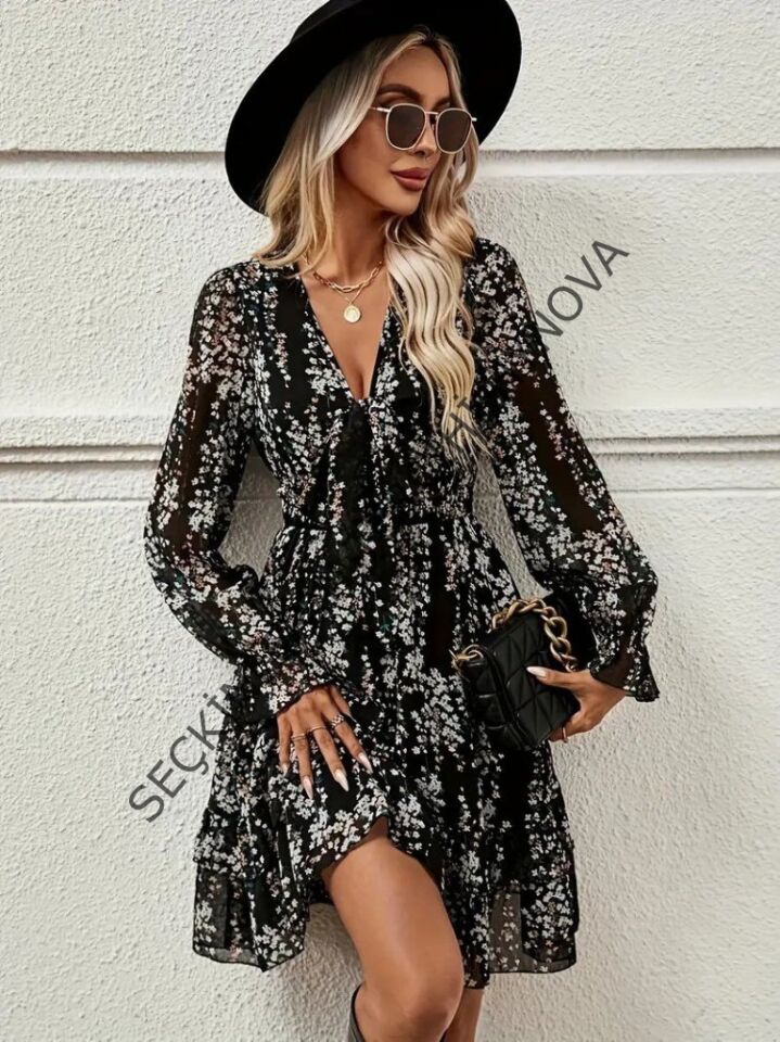 Kadın Uzun Kollu V Yakalı Fırfırlı Ve Bağcıklı şifon Mini Elbise