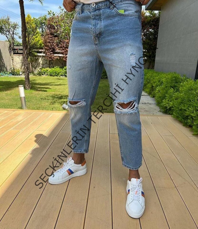Erkek Buz Mavi Boyfriend Yırtık Detaylı Jean