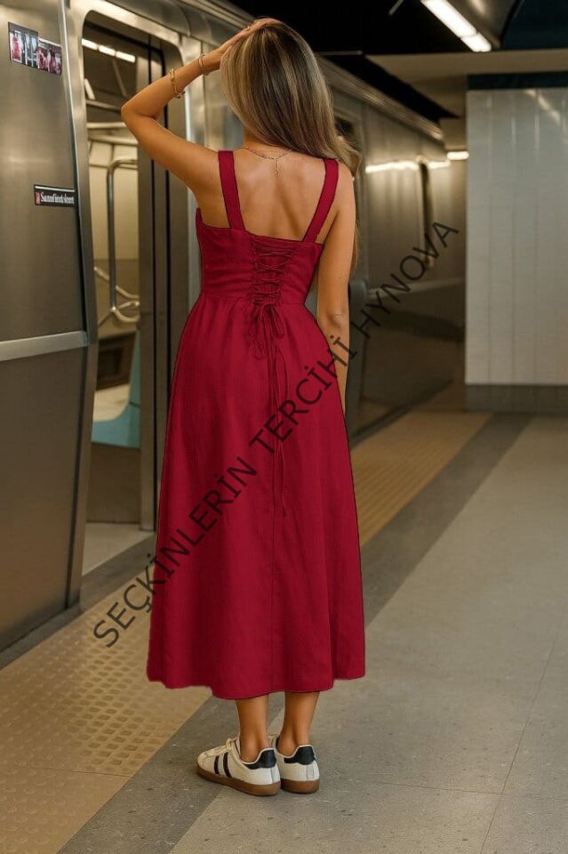 Kadın Askılı Geniş V Yakalı Sırttan Bağlamalı Yırtmaçlı Süprem Elbise