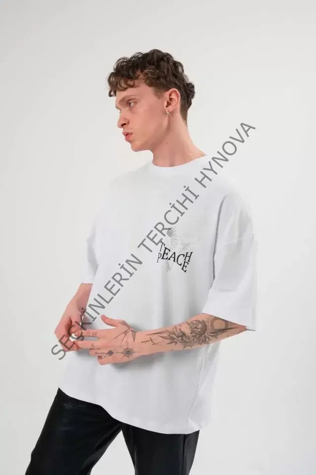 Unisex Bisiklet Yaka Baskılı Oversize T-Shirt - Beyaz