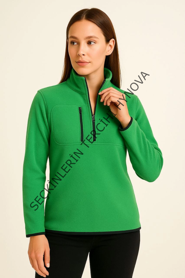 Polar Kazak – Dik Yaka, Yarım Fermuarlı, Fermuarlı Göğüs Cepli, Siyah Biyeli, Kışlık Rahat Regular Fit Günlük Model - Yeşil