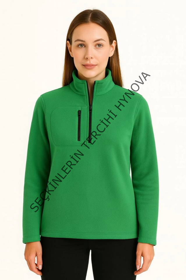 Polar Kazak – Dik Yaka, Yarım Fermuarlı, Fermuarlı Göğüs Cepli, Siyah Biyeli, Kışlık Rahat Regular Fit Günlük Model - Yeşil