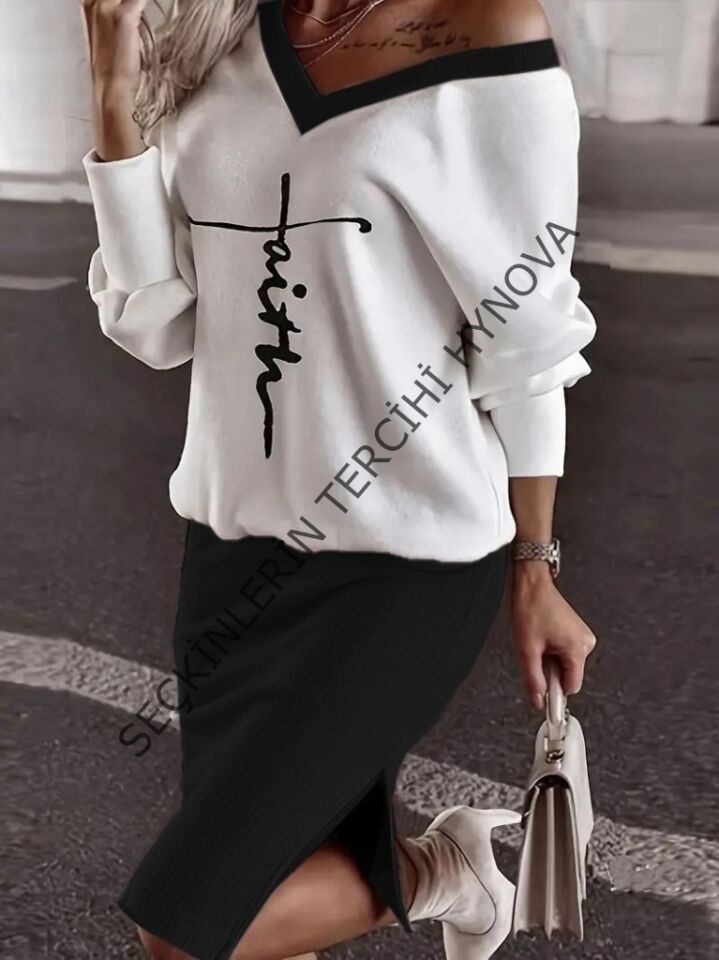 Kadın Uzun Kollu V Yakalı Iki Iplik Bluz Ve şardonlu Kaşkorse Etek Ikili Takım