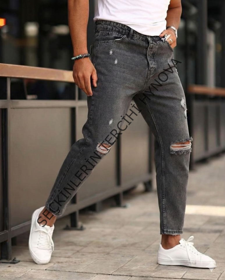 Erkek Koyu Gri Yırtık Detaylı Boyfriend Jean 