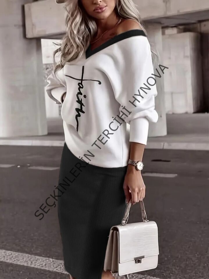 Kadın Uzun Kollu V Yakalı Iki Iplik Bluz Ve şardonlu Kaşkorse Etek Ikili Takım