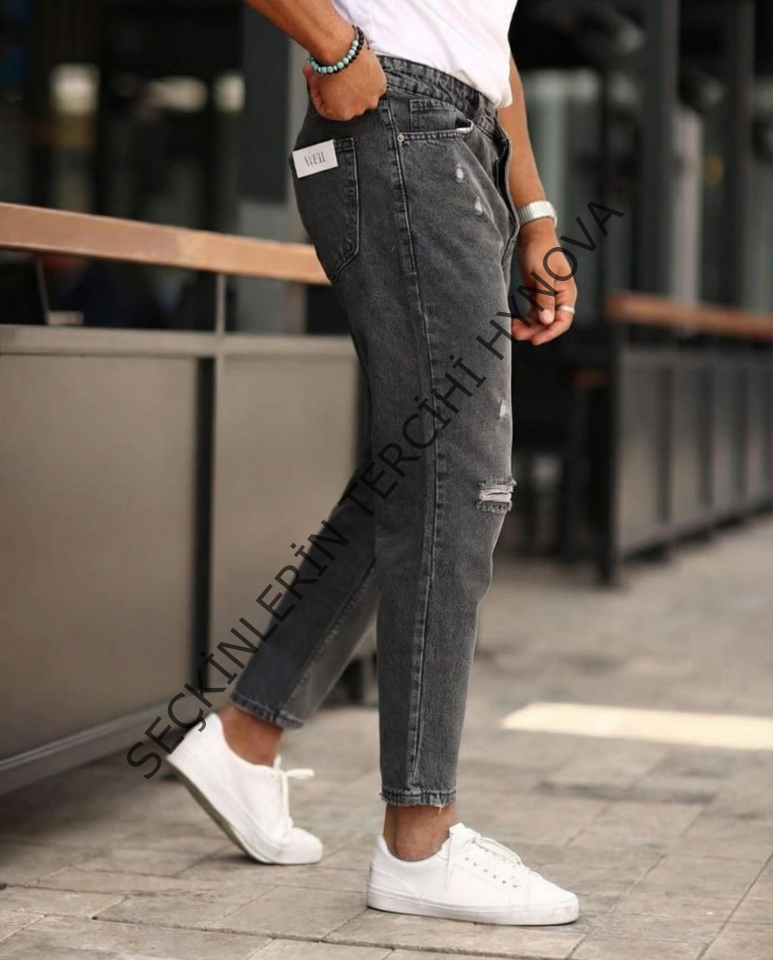 Erkek Koyu Gri Yırtık Detaylı Boyfriend Jean 