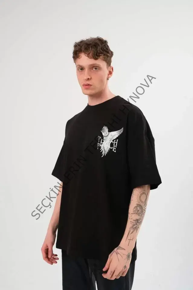 Unisex Bisiklet Yaka Baskılı Oversize T-Shirt - Siyah