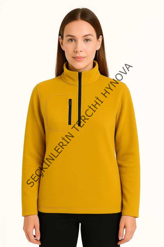 Polar Kazak – Dik Yaka, Yarım Fermuarlı, Fermuarlı Göğüs Cepli, Siyah Biyeli, Kışlık Rahat Regular Fit Günlük Model - Sarı