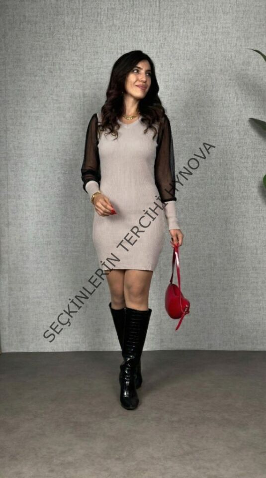 Kadın Uzun Kollu V Yakalı Tül Detaylı Mini Kaşkorse Elbise