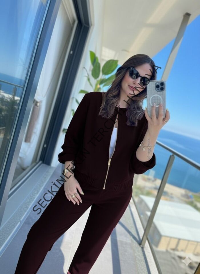 Kadın Uzun Kollu önden Fermuarlı Modal Ceket Ve Pantolon Ikili Takım