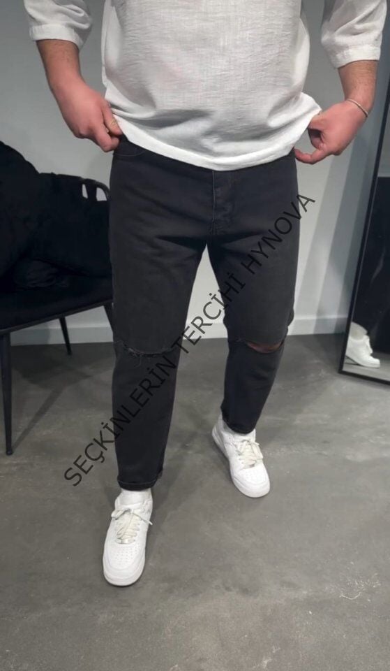 Erkek Siyah Dizi Yırtık Boyfriend Jean