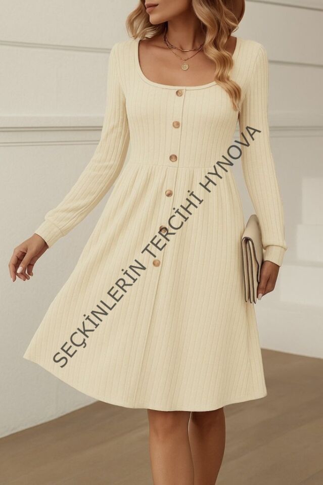 Kadın Uzun Kollu Kare Yaka Düğmeli Kısa şardonlu Iki Iplik Mini Elbise