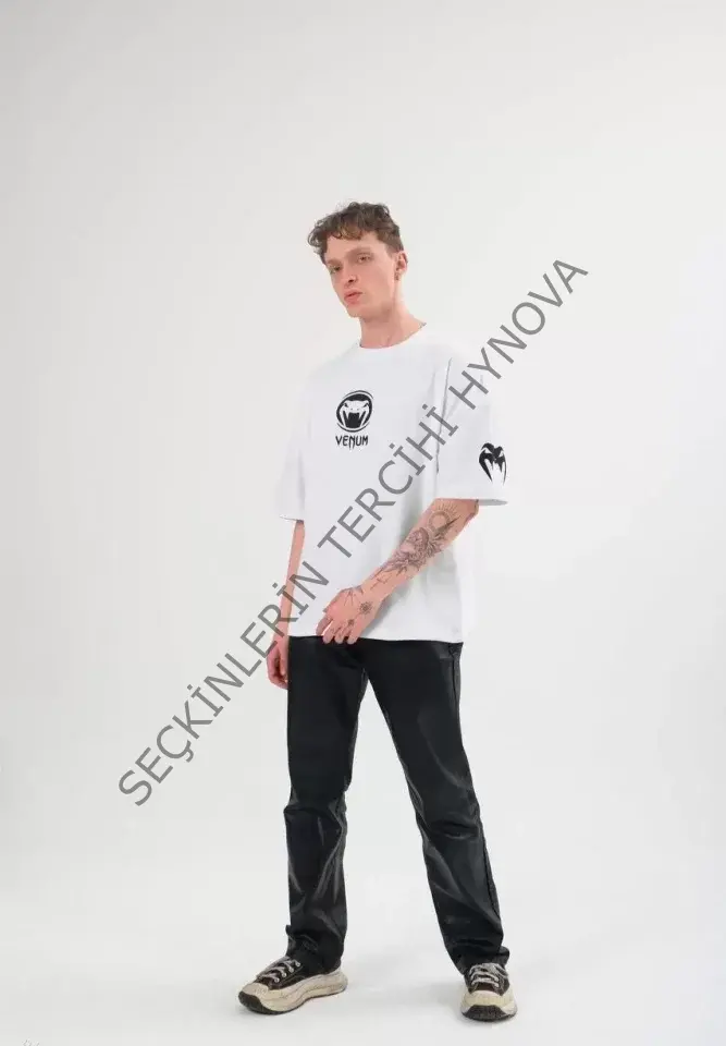 Unisex Bisiklet Yaka Baskılı Oversize T-Shirt - Beyaz