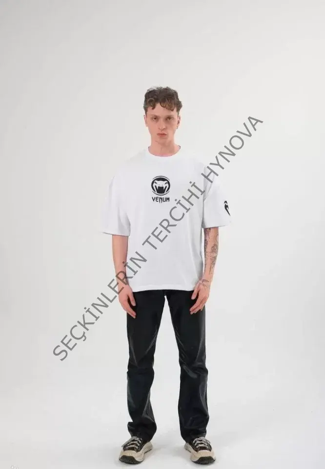 Unisex Bisiklet Yaka Baskılı Oversize T-Shirt - Beyaz