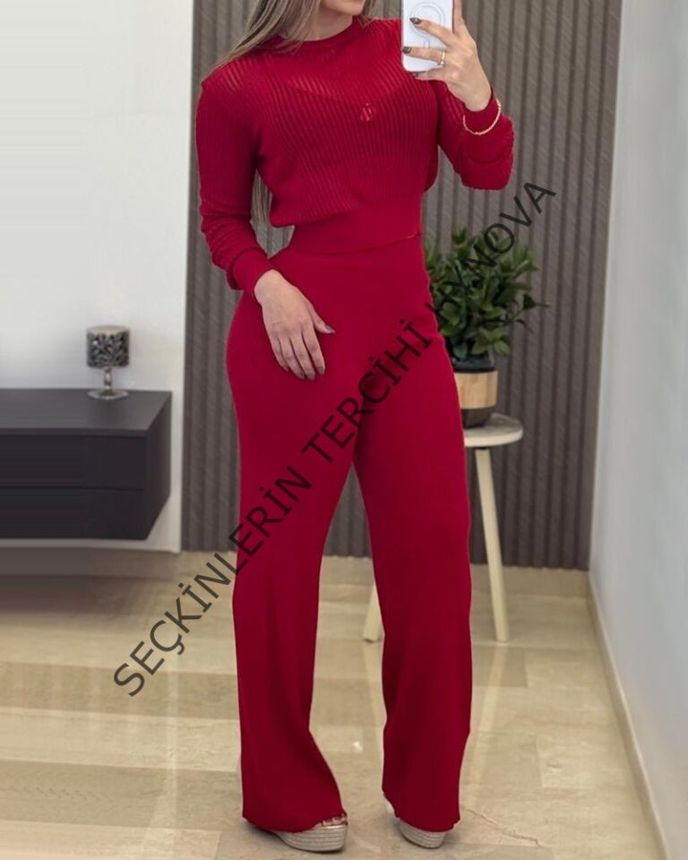 Kadın Uzun Kollu Yuvarlak Yaka Transparan Detaylı Triko Bluz Ve Pantolon Ikili Takım