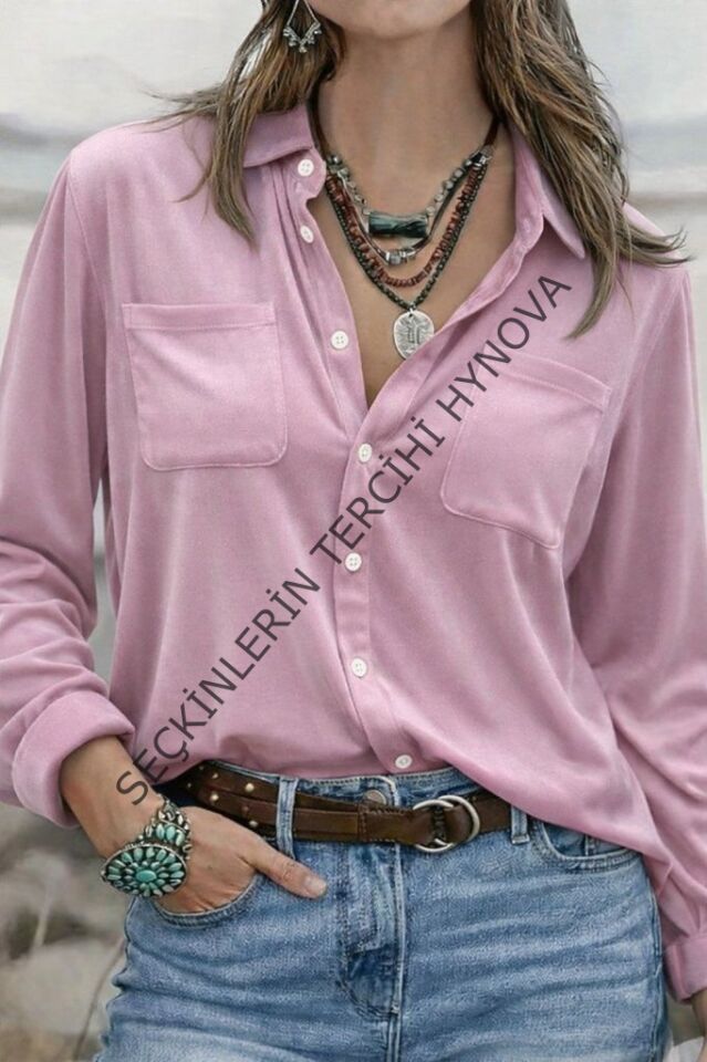 Kadın Uzun Kollu Yakalı önden Düğmeli Cep Detaylı Kadife Gömlek