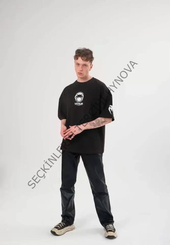 Unisex Bisiklet Yaka Baskılı Oversize T-Shirt - Siyah