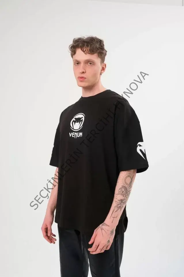 Unisex Bisiklet Yaka Baskılı Oversize T-Shirt - Siyah