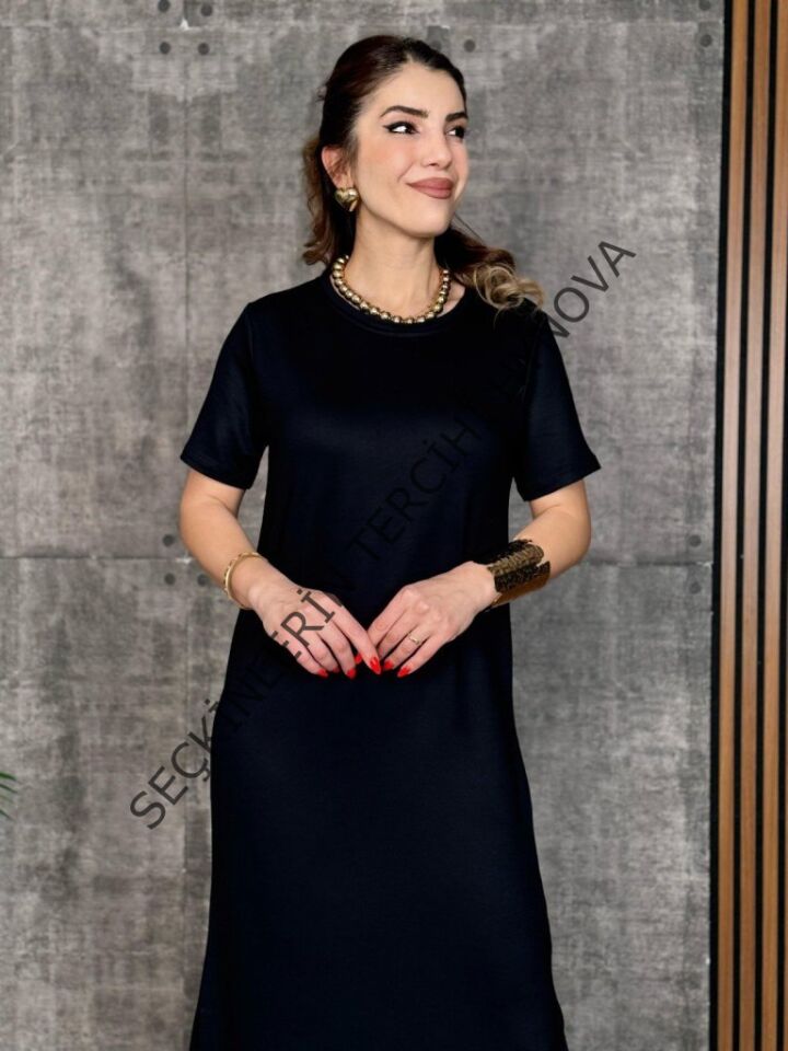 Kadın Kısa Kollu Bisiklet Yaka Yırtmaçlı Viskon Iki Iplik Elbise