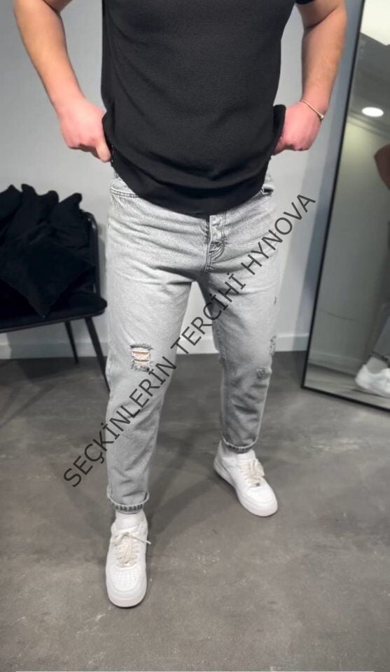 Erkek Gri Yırtık Detaylı Boyfriend Jean