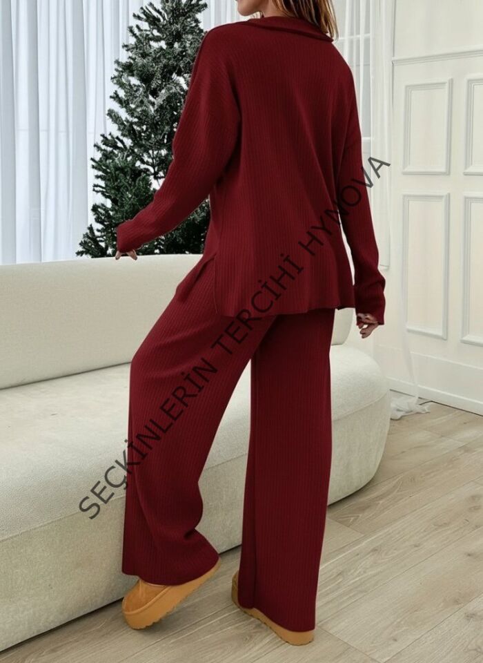 Kadın Uzun Kollu V Yakalı şardonlu Kaşkorse Bluz Ve Pantolon Ikili Takım