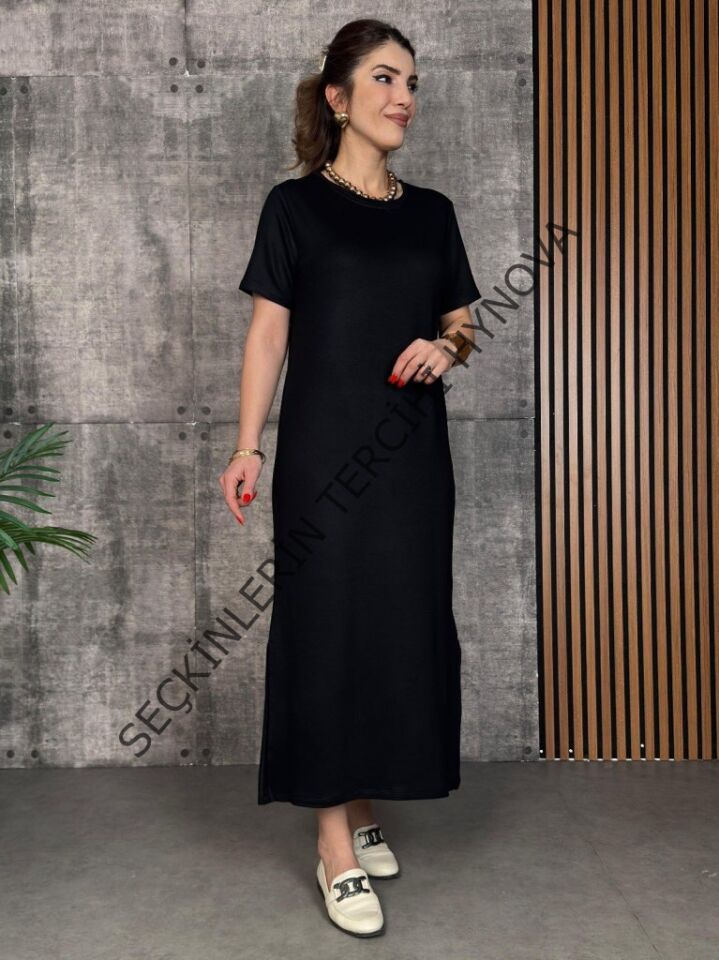 Kadın Kısa Kollu Bisiklet Yaka Yırtmaçlı Viskon Iki Iplik Elbise