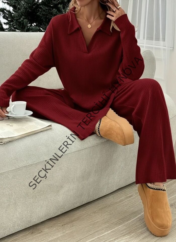 Kadın Uzun Kollu V Yakalı şardonlu Kaşkorse Bluz Ve Pantolon Ikili Takım