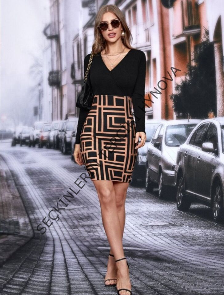 Kadın Uzun Kollu Kruvaze Yaka Labirent Desen Dalgıç Elbise
