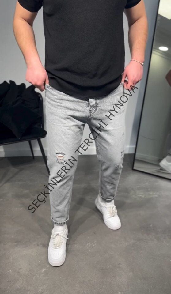 Erkek Gri Yırtık Detaylı Boyfriend Jean