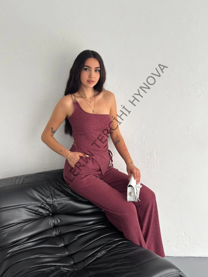 Asimetrik Crop Pantalon Ikili Takım - Gül Kurusu