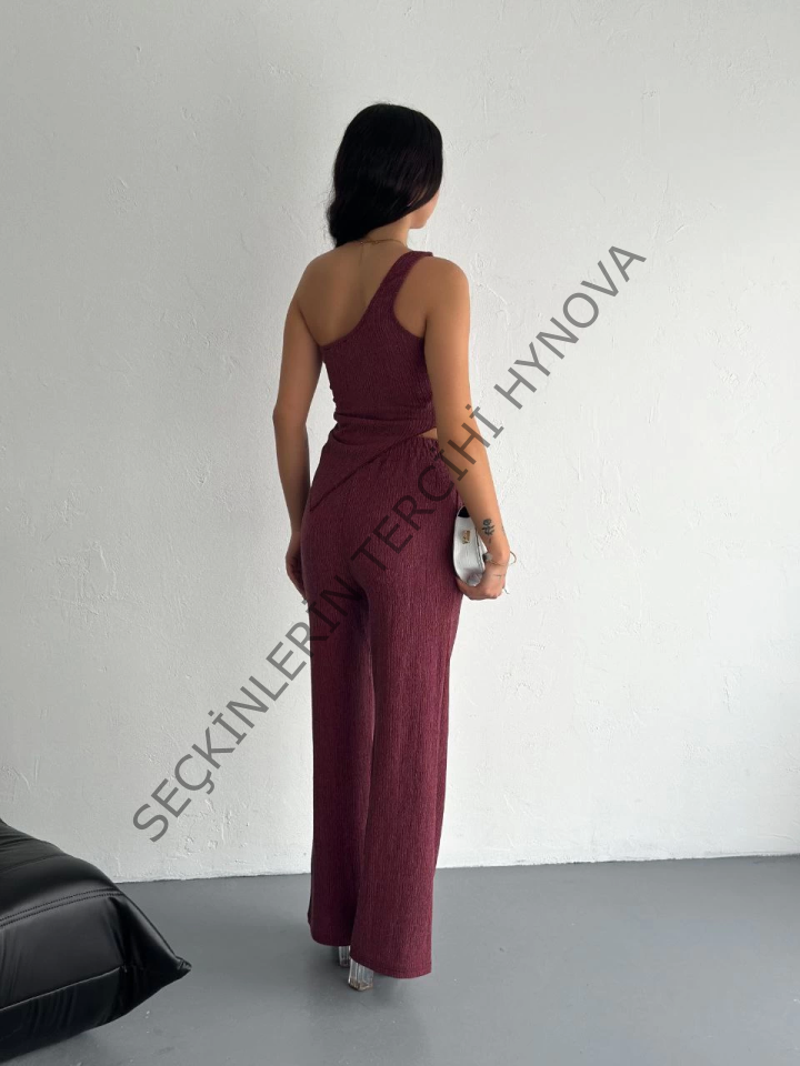 Asimetrik Crop Pantalon Ikili Takım - Gül Kurusu