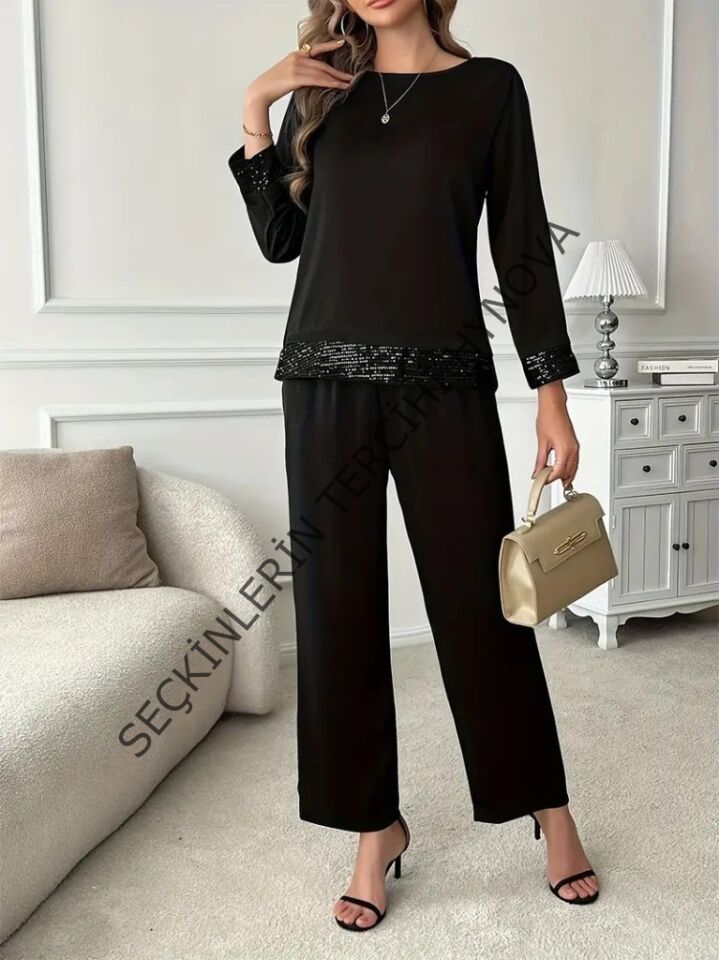 Kadın Uzun Kollu Bisiklet Yaka Pulpayetli Viskon Iki Iplik Bluz Ve Pantolon Ikili Takım