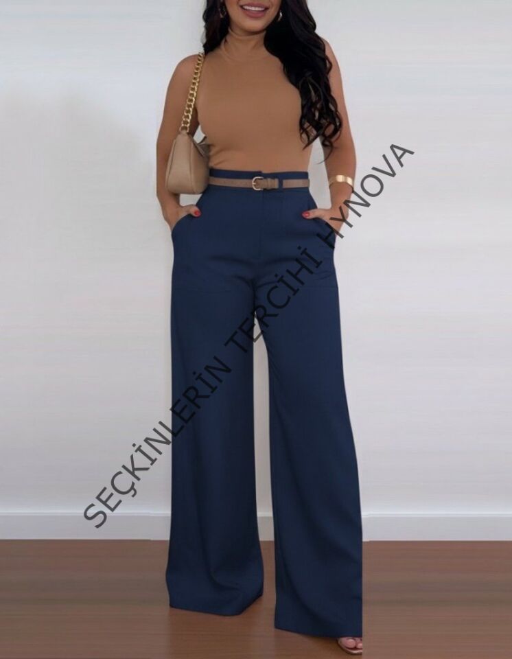 Kadın Yüksek Bel Geniş Paça Detaylı Cepli Ithal Krep Pantolon