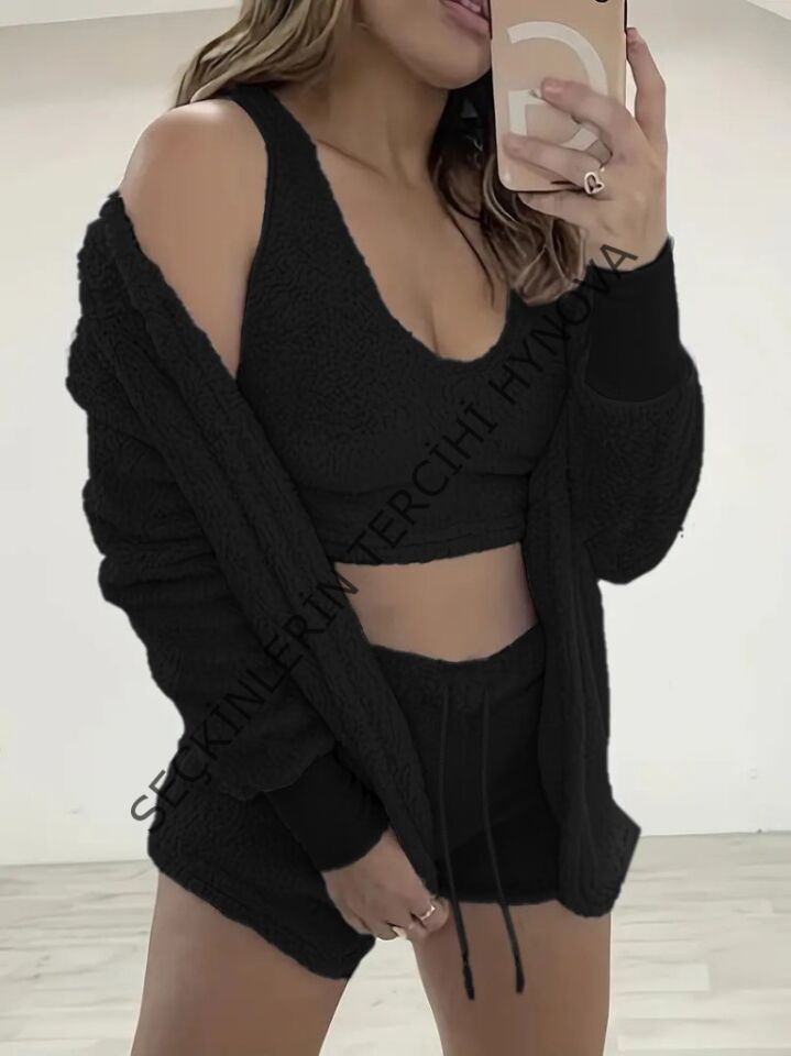 Kadın Uzun Kollu Ceket, Askılı Peluş Bluz Ve şort üçlü Takım