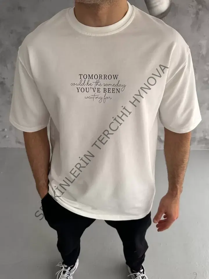 Unisex Bisiklet Yaka Baskılı Oversize T-Shirt - Beyaz